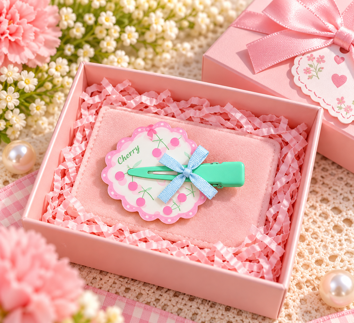 Pink Cherry Bow Kids Hair Pin