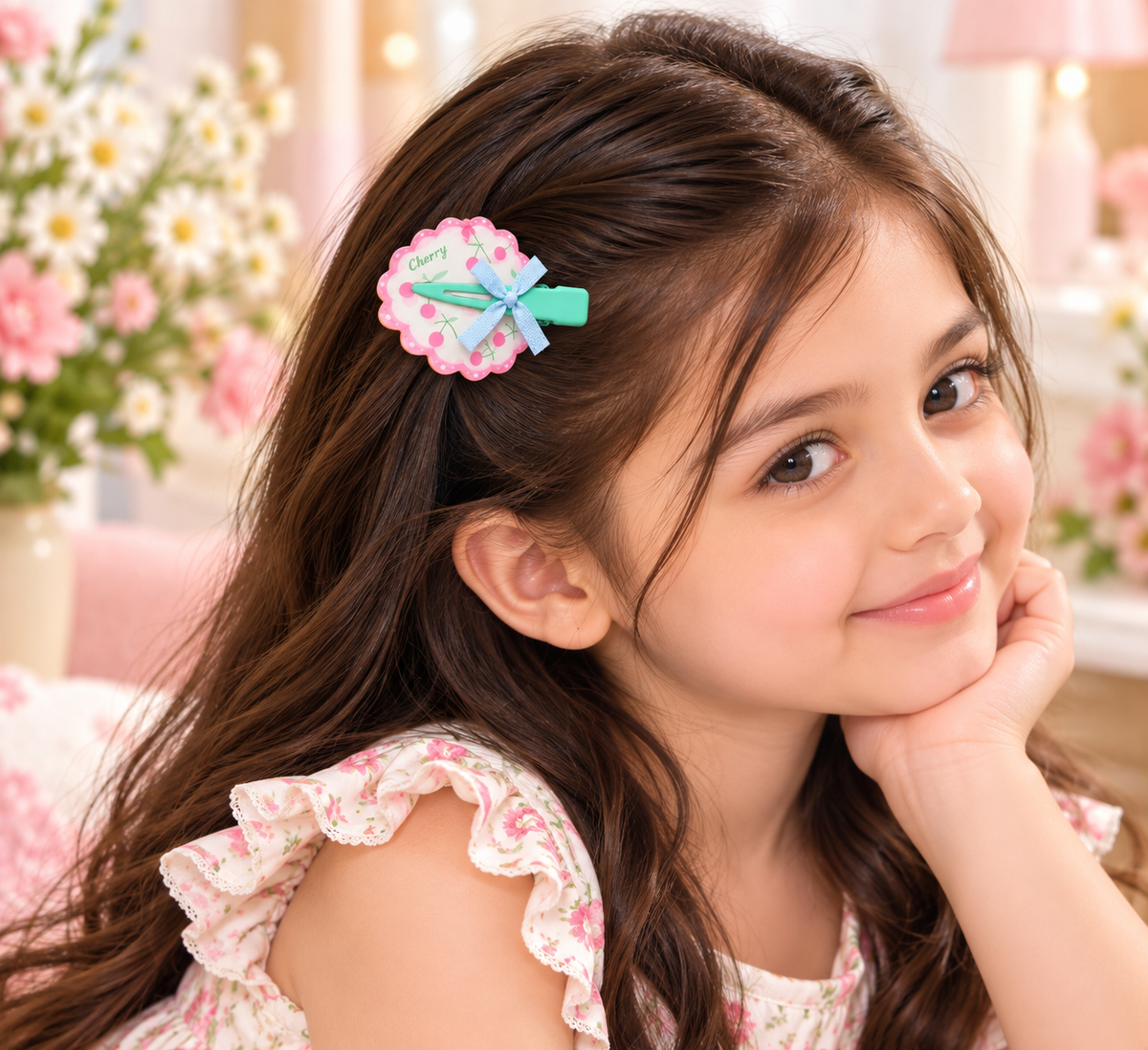 Pink Cherry Bow Kids Hair Pin