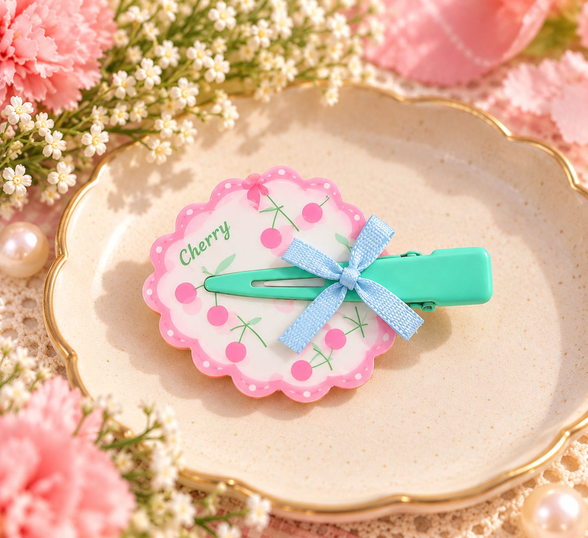 Pink Cherry Bow Kids Hair Pin