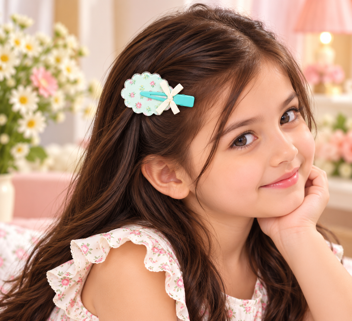 Mint Floral Bow Kids Hair Pin