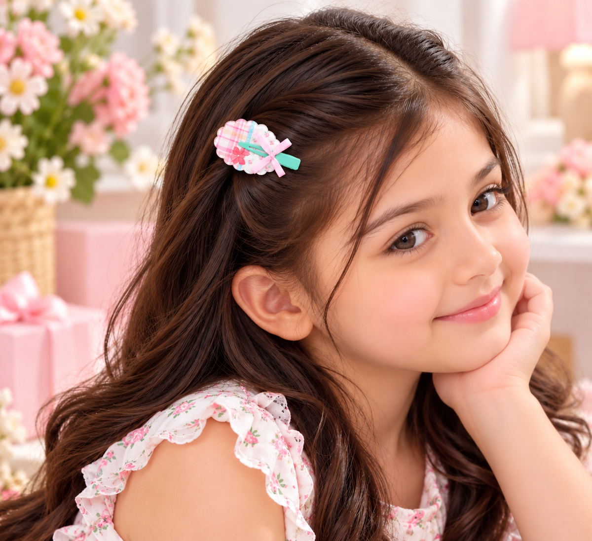 Pink Floral Bow Kids Hair Pin