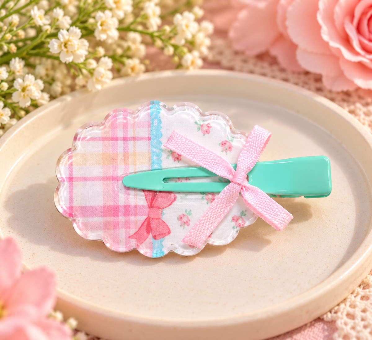 Pink Floral Bow Kids Hair Pin