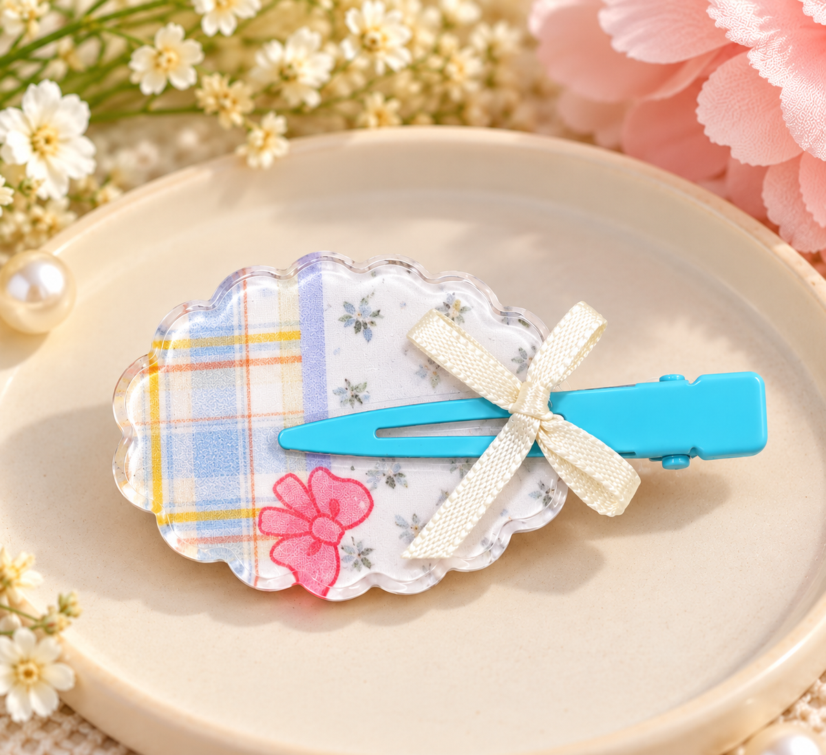 Blue Checkered Bow Kids Hair Pin