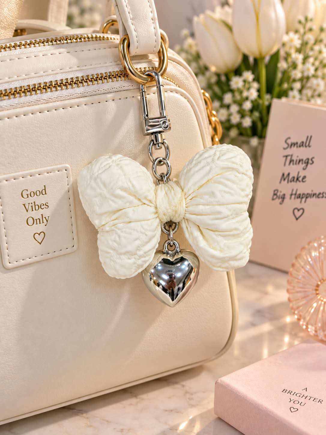 White Bow Keychain with Silver Heart Charm