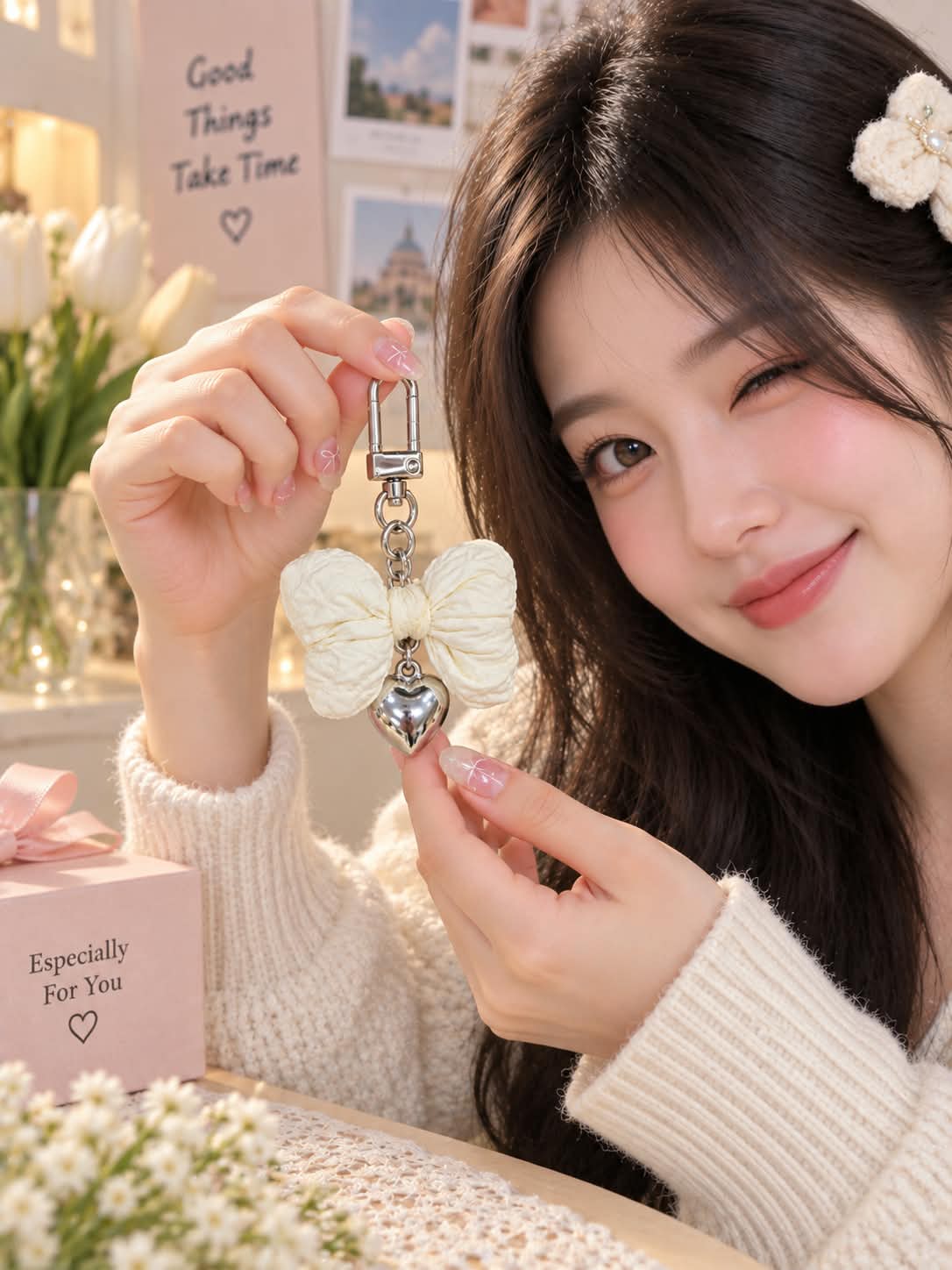 White Bow Keychain with Silver Heart Charm