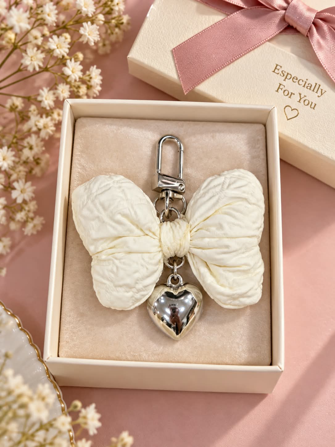 White Bow Keychain with Silver Heart Charm