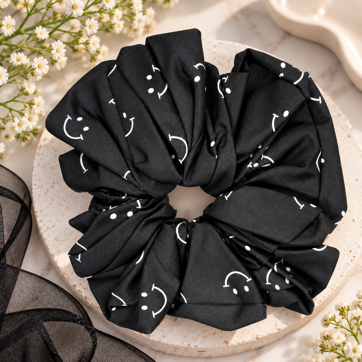 Black Smiley Print Big Scrunchie