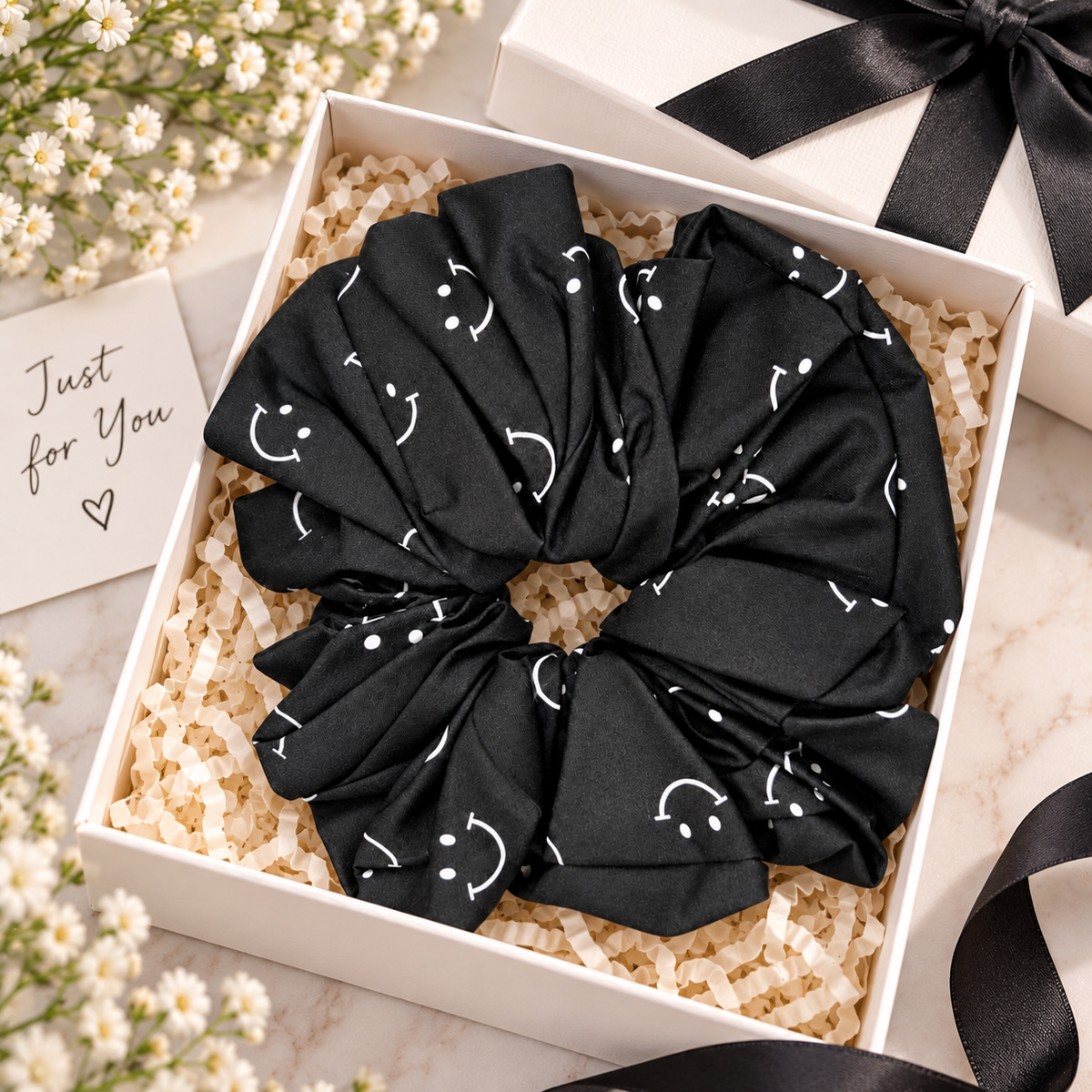 Black Smiley Print Big Scrunchie