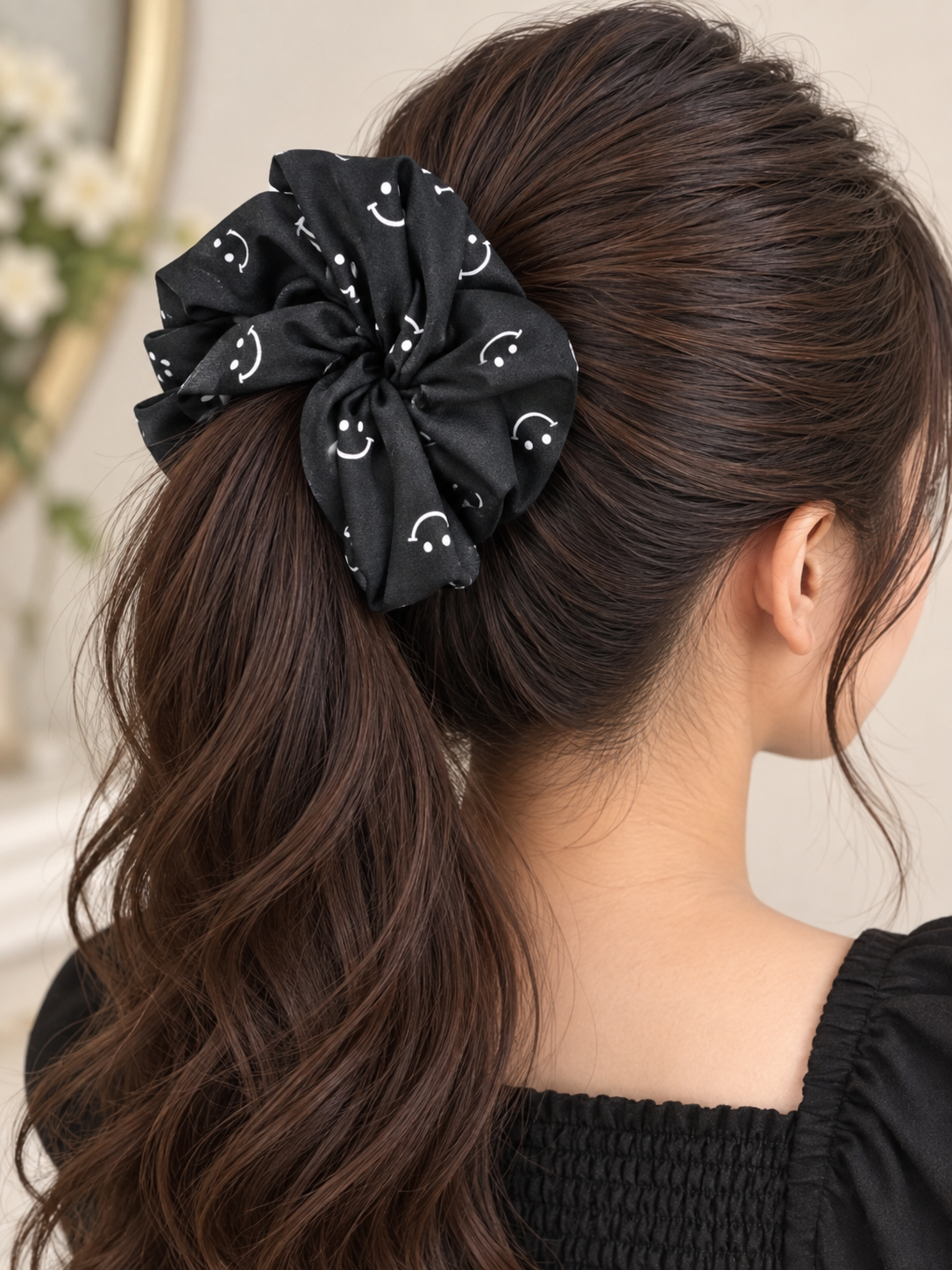 Black Smiley Print Big Scrunchie