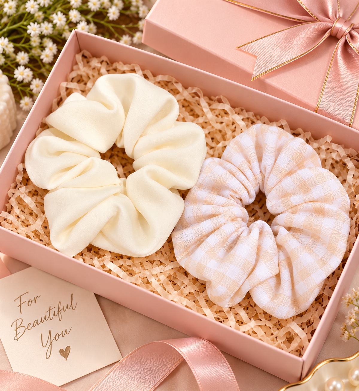 White & Peach Checkered Small Scrunchie Set of 2