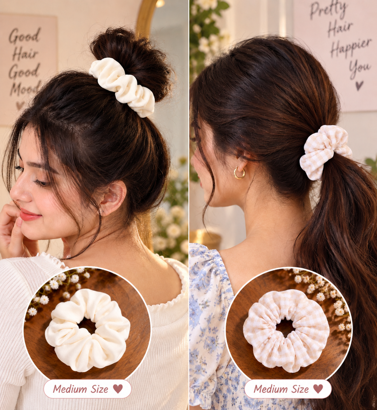 White & Peach Checkered Small Scrunchie Set of 2