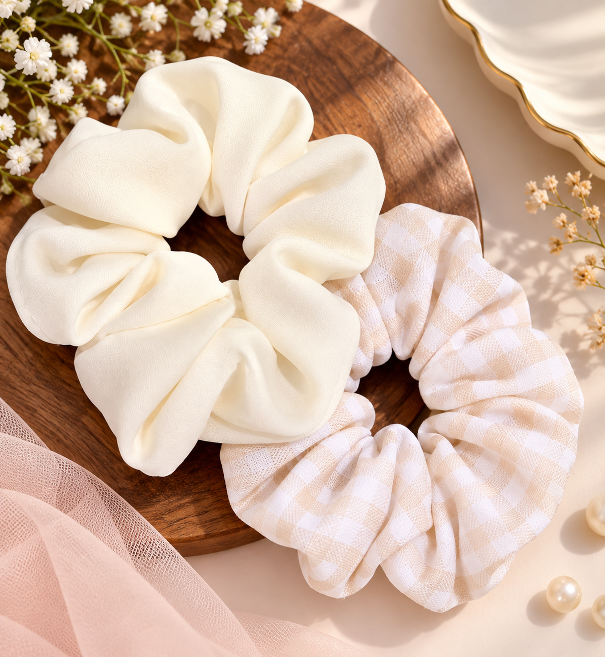 White & Peach Checkered Small Scrunchie Set of 2