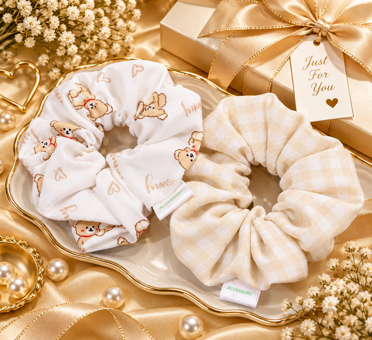 White Teddy Bear Print & Cream Checkered Small Scrunchie Set of 2