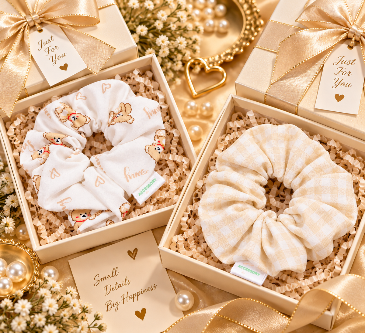 White Teddy Bear Print & Cream Checkered Small Scrunchie Set of 2