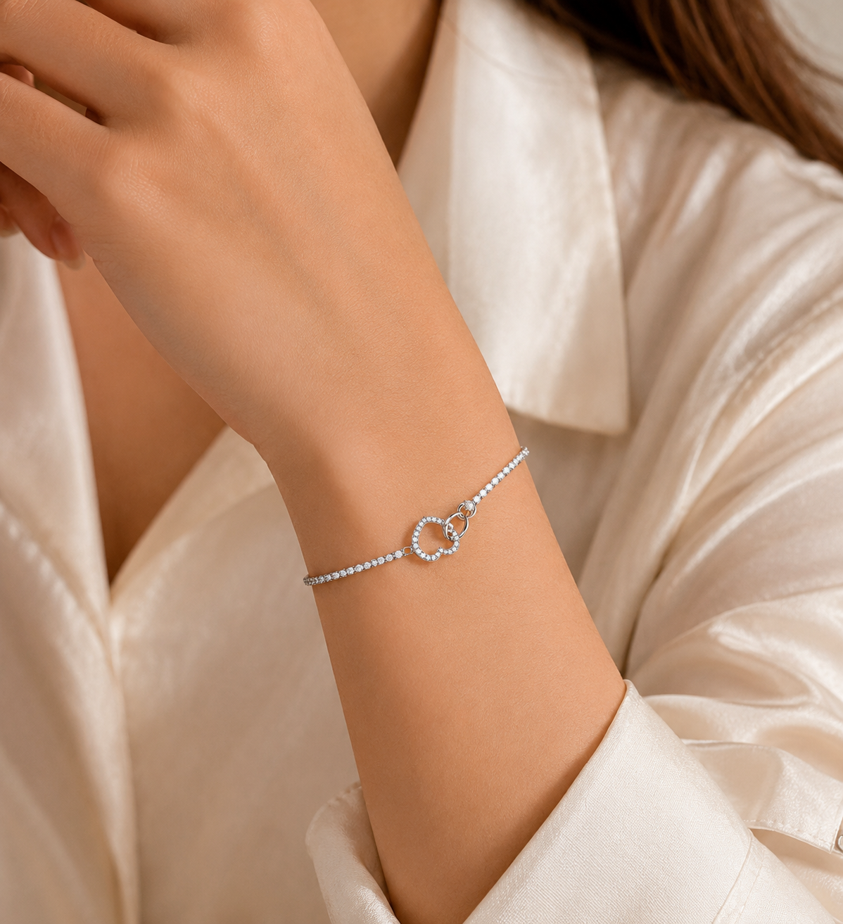 Silver-Tone Heart Crystal Tennis Bracelet