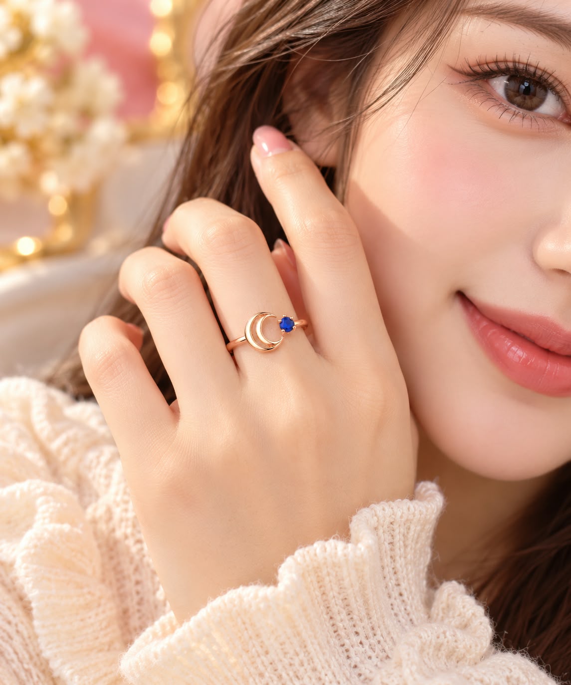 Rose Gold Crescent Moon Blue Stone Ring