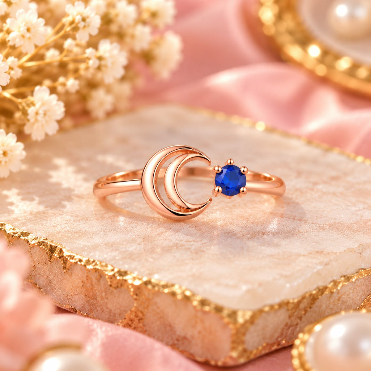 Rose Gold Crescent Moon Blue Stone Ring
