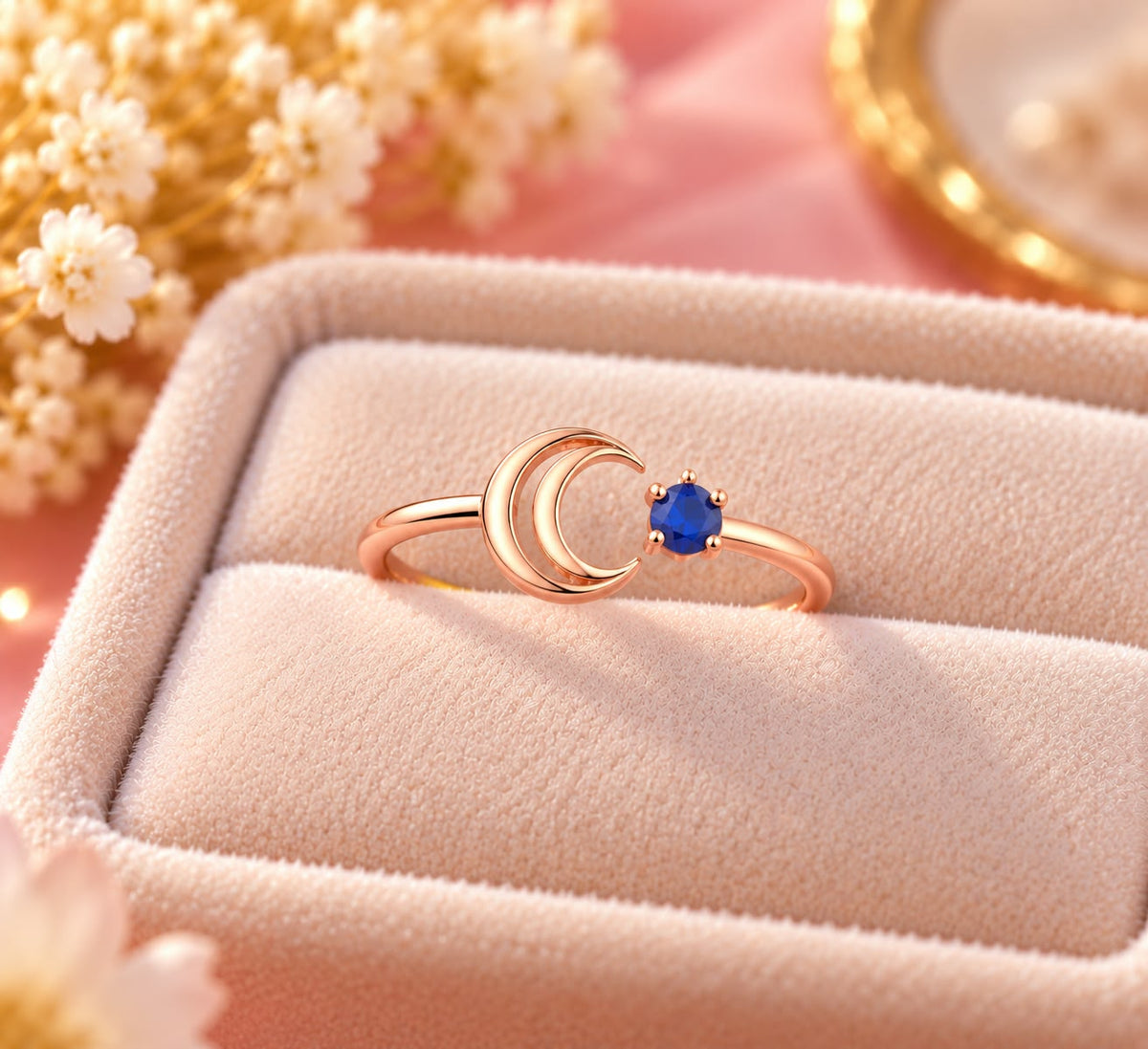 Rose Gold Crescent Moon Blue Stone Ring