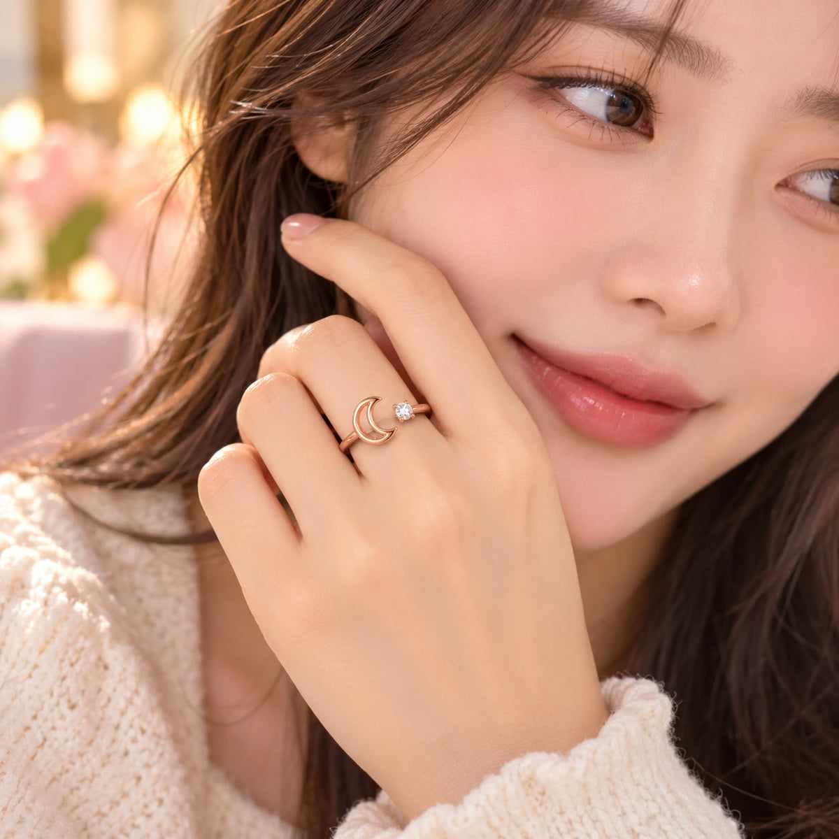 Rose Gold Crescent Moon Crystal Ring