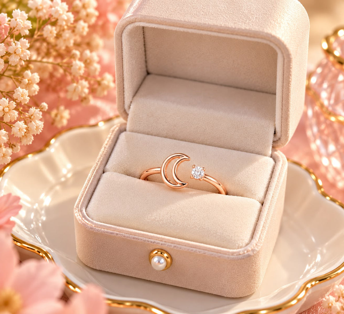 Rose Gold Crescent Moon Crystal Ring