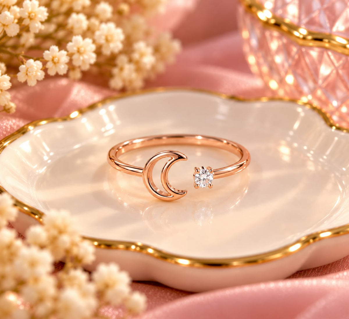 Rose Gold Crescent Moon Crystal Ring