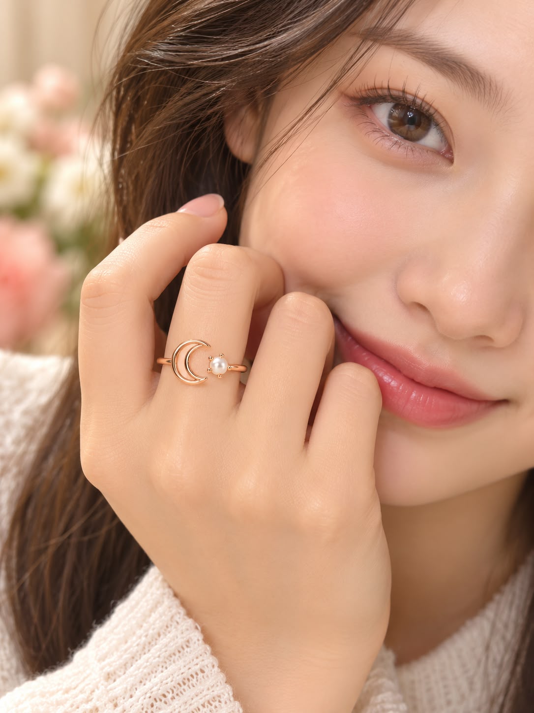 Rose Gold Crescent Moon Pearl Ring | June Birthstone