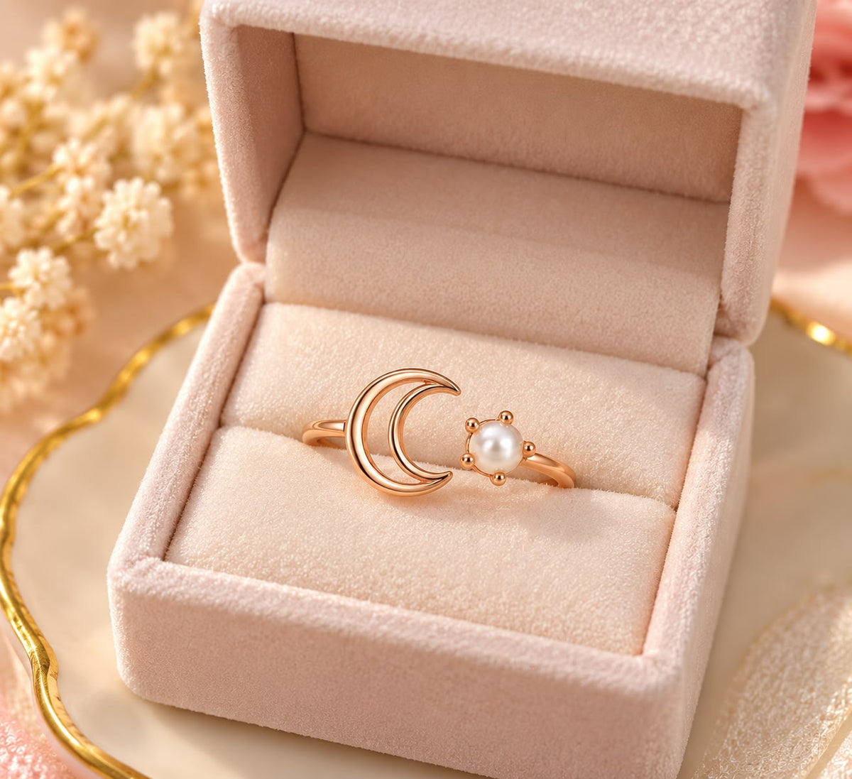 Rose Gold Crescent Moon Pearl Ring | June Birthstone