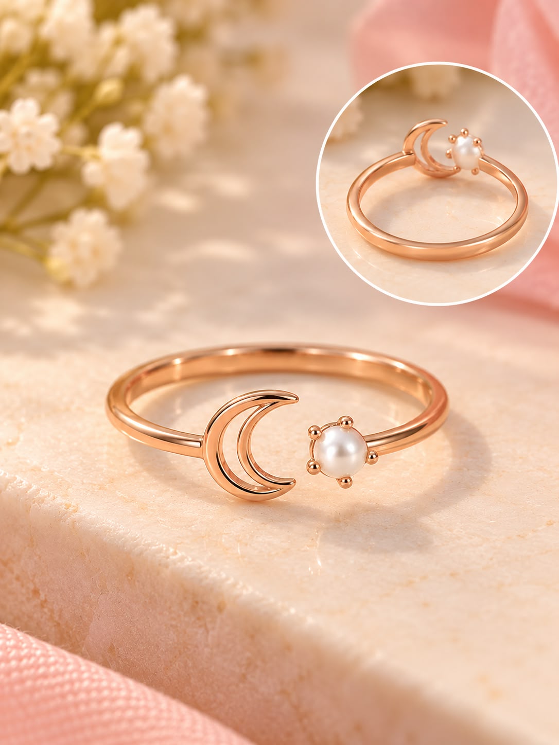Rose Gold Crescent Moon Pearl Ring | June Birthstone