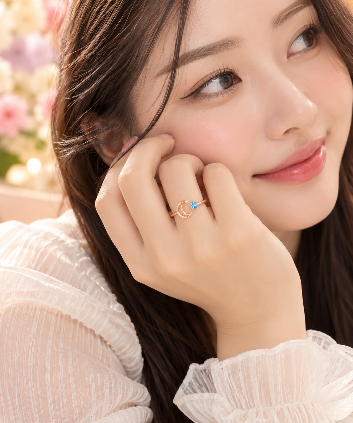 Rose Gold Crescent Moon Blue Stone Ring | March Birthstone