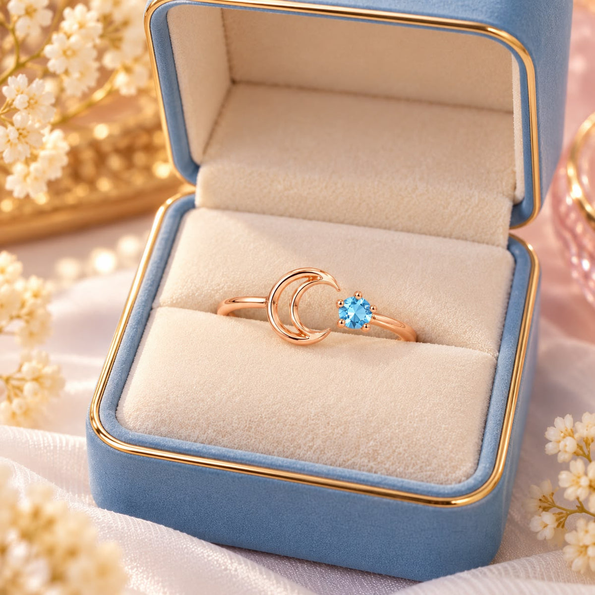 Rose Gold Crescent Moon Blue Stone Ring | March Birthstone