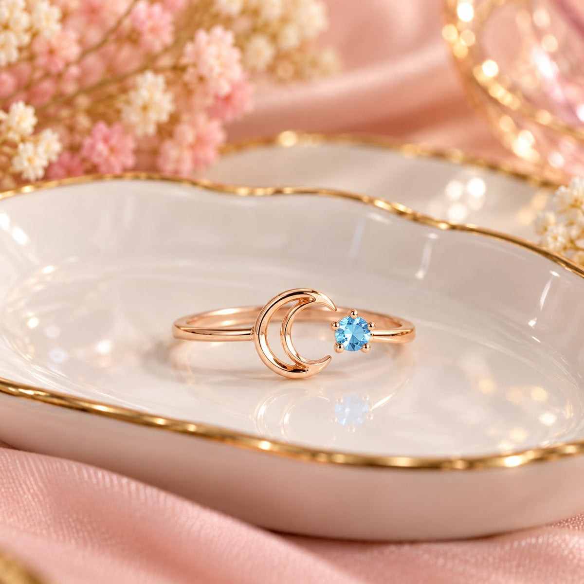 Rose Gold Crescent Moon Blue Stone Ring | March Birthstone