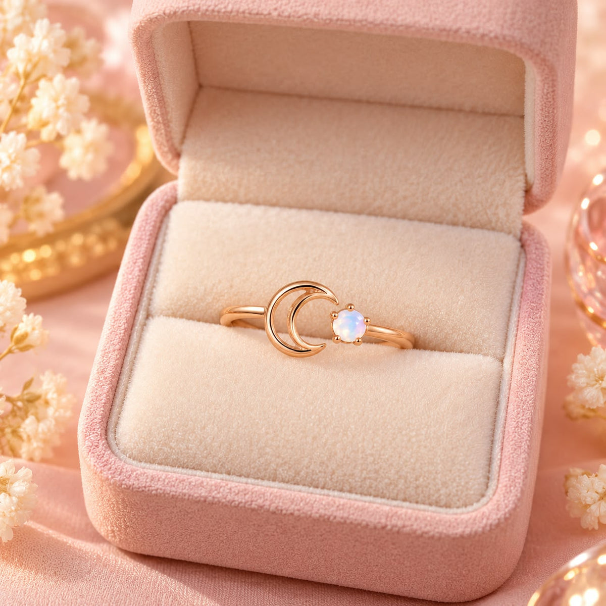 Rose Gold Crescent Moon Opal Ring | July Birthstone