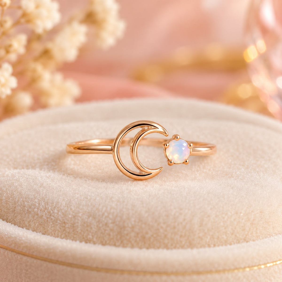 Rose Gold Crescent Moon Opal Ring | July Birthstone