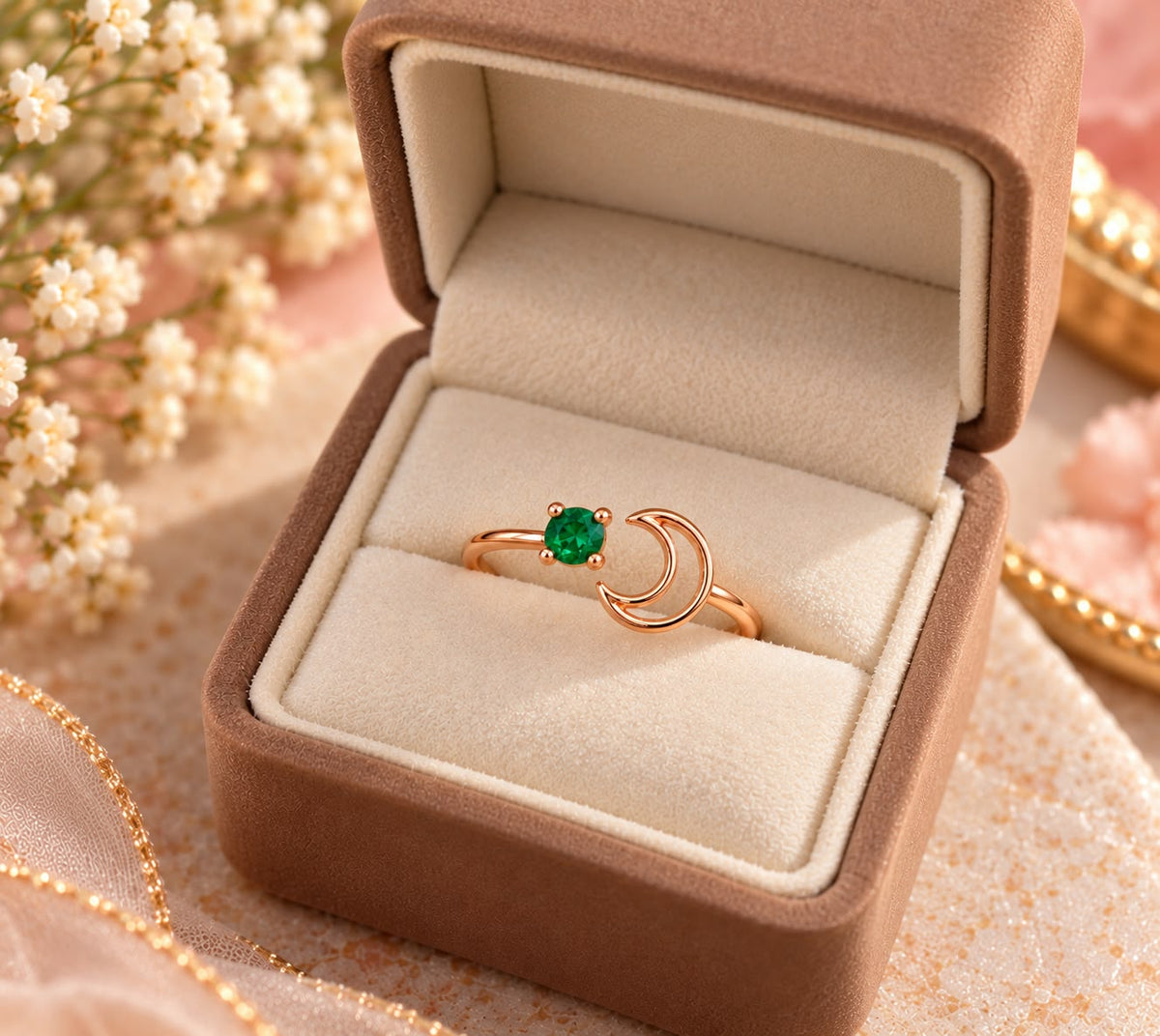 Rose Gold Crescent Moon Green Stone Ring | May Birthstone