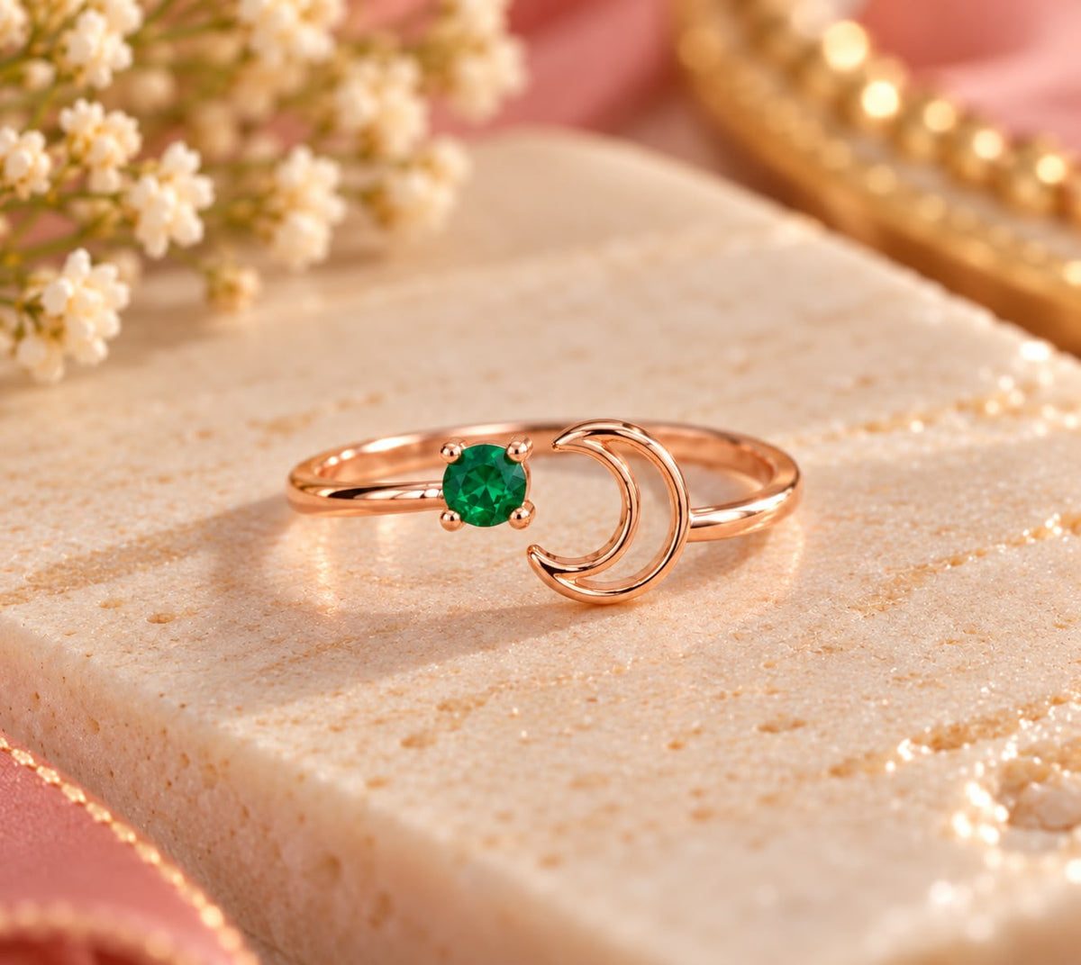 Rose Gold Crescent Moon Green Stone Ring | May Birthstone