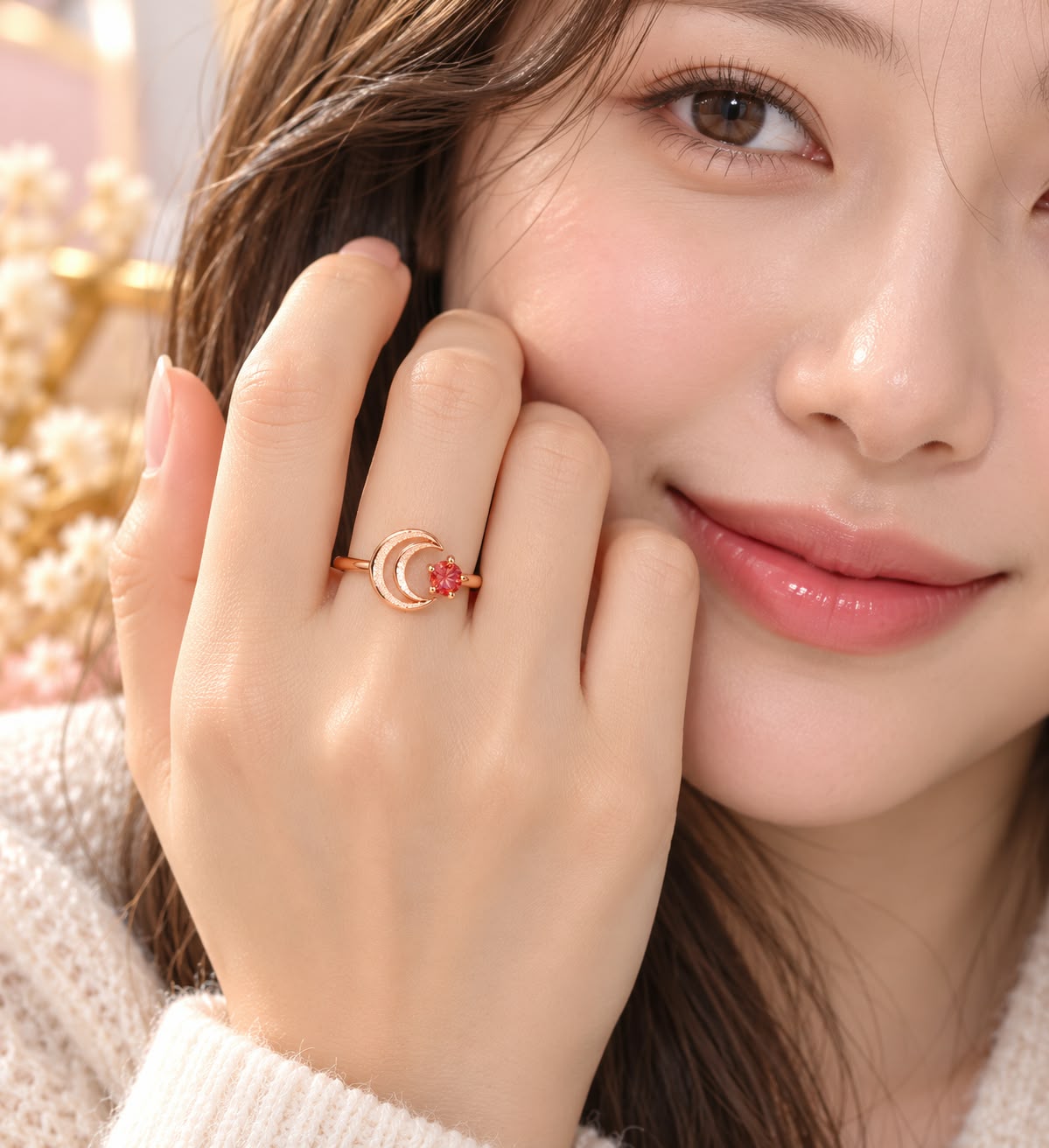 Rose Gold Crescent Moon Garnet Ring