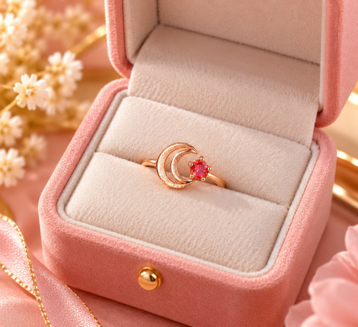 Rose Gold Crescent Moon Garnet Ring