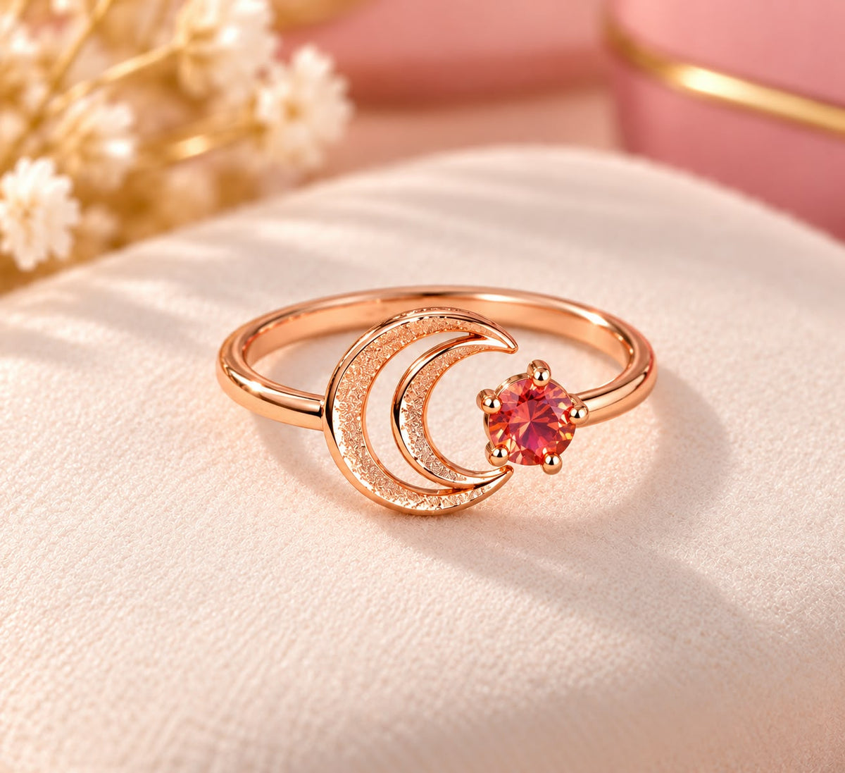 Rose Gold Crescent Moon Garnet Ring