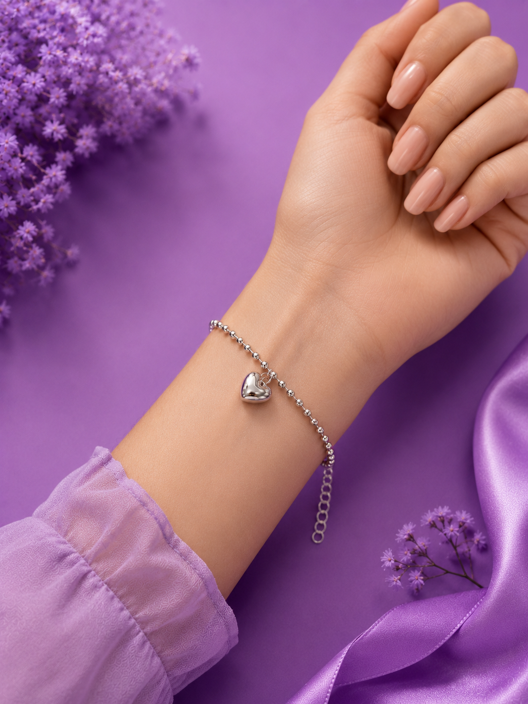 Silver-Tone Ball Chain Heart Charm Bracelet