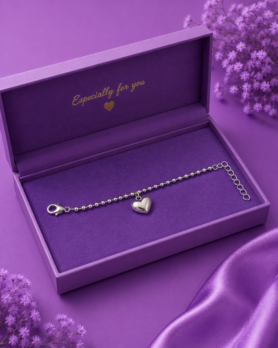Silver-Tone Ball Chain Heart Charm Bracelet
