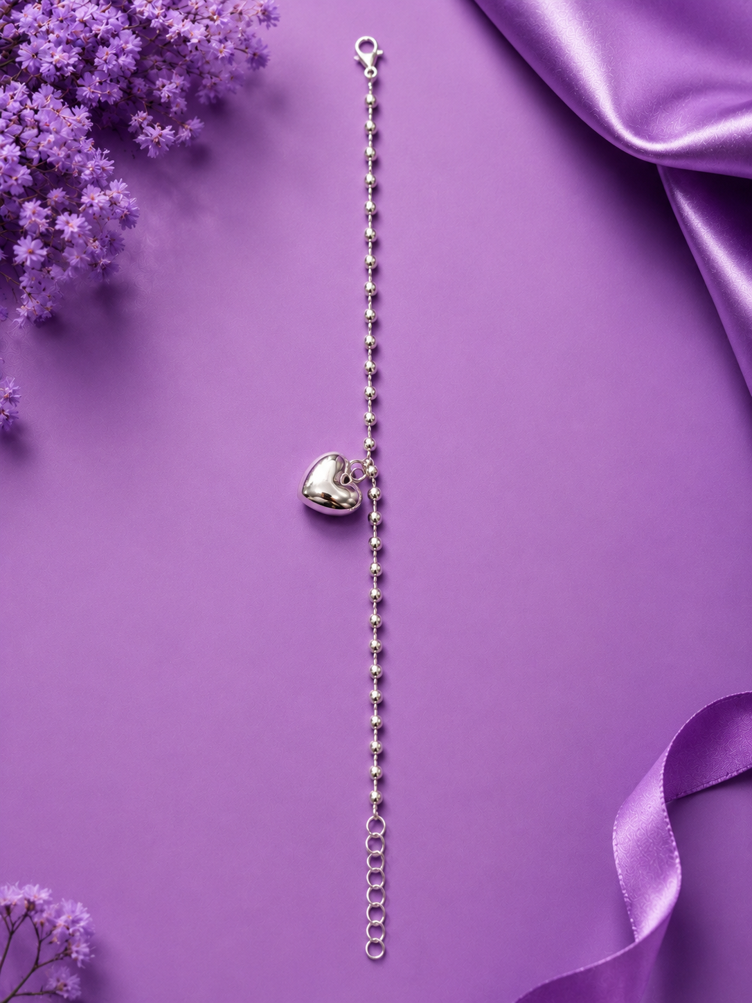 Silver-Tone Ball Chain Heart Charm Bracelet