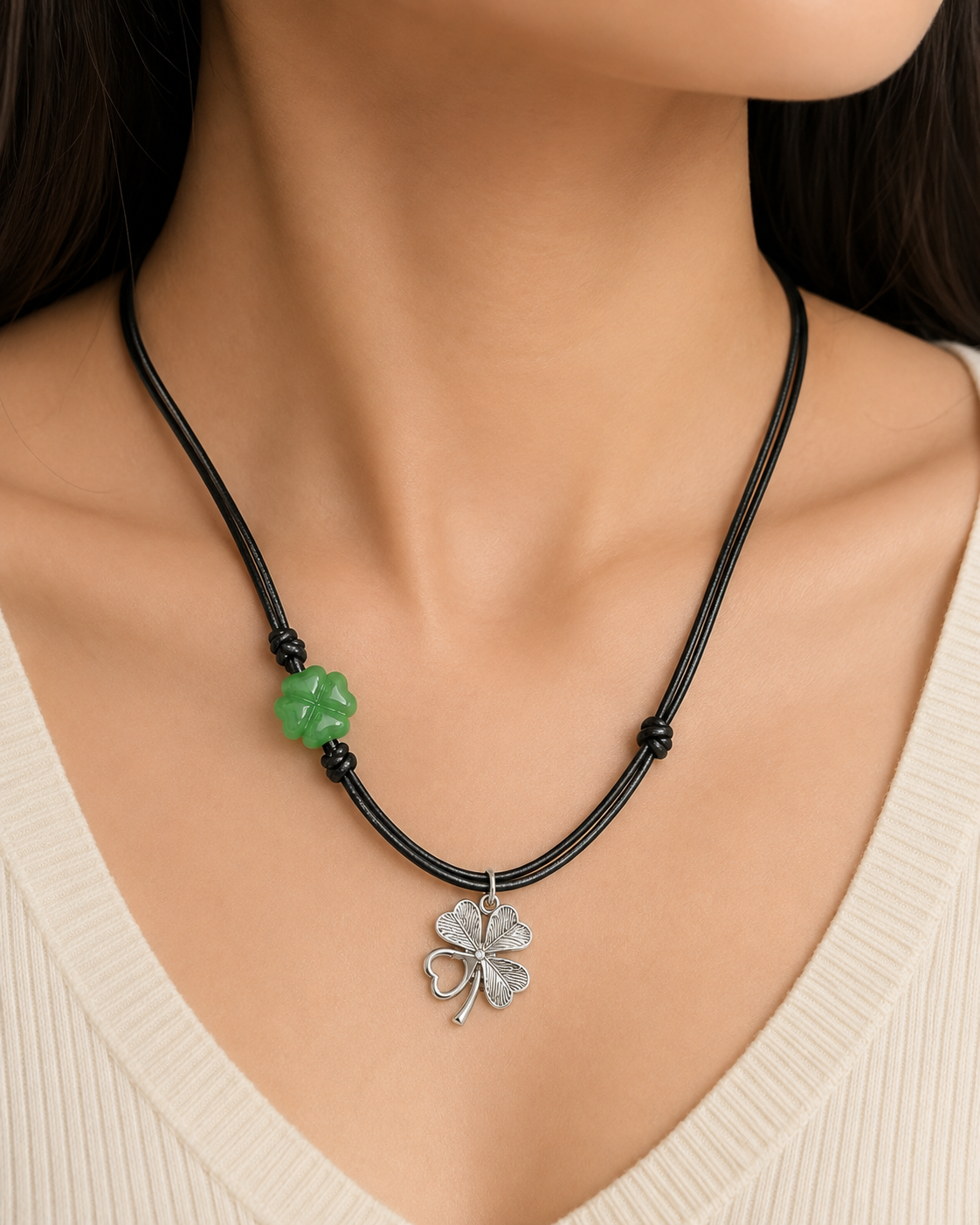 Black Cord Four Leaf Clover Charm Necklace