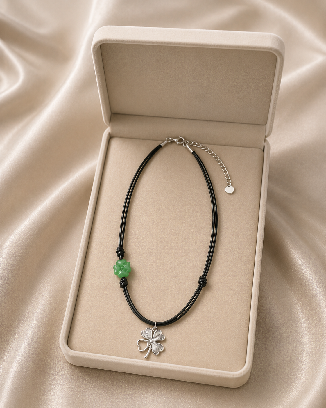 Black Cord Four Leaf Clover Charm Necklace