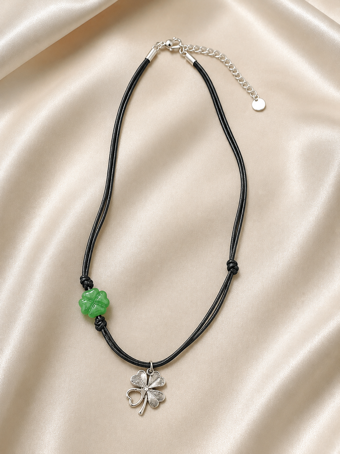 Black Cord Four Leaf Clover Charm Necklace