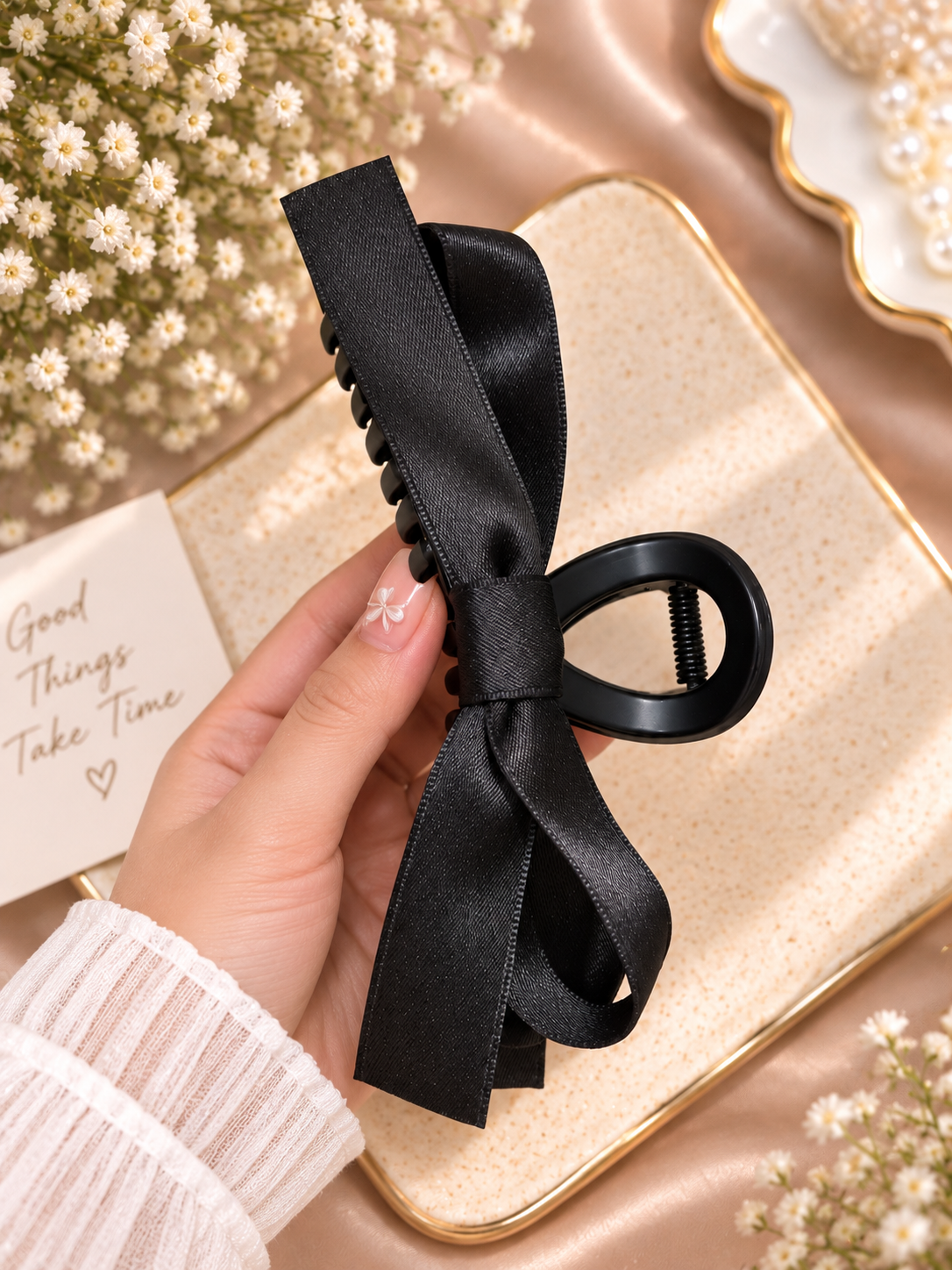 Black Satin Bow Hair Clutcher