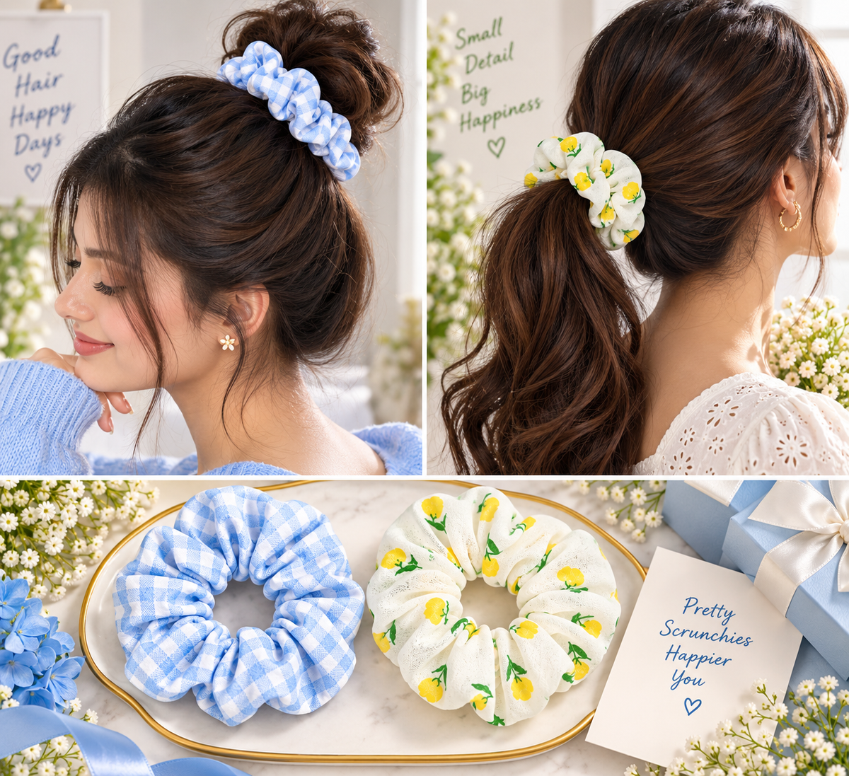 Blue Checkered & Lemon Print Small Scrunchie Set of 2