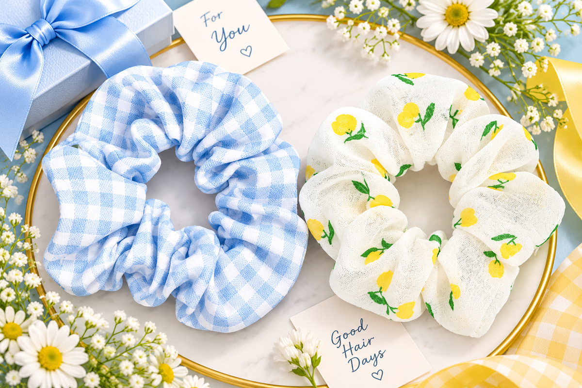 Blue Checkered & Lemon Print Small Scrunchie Set of 2