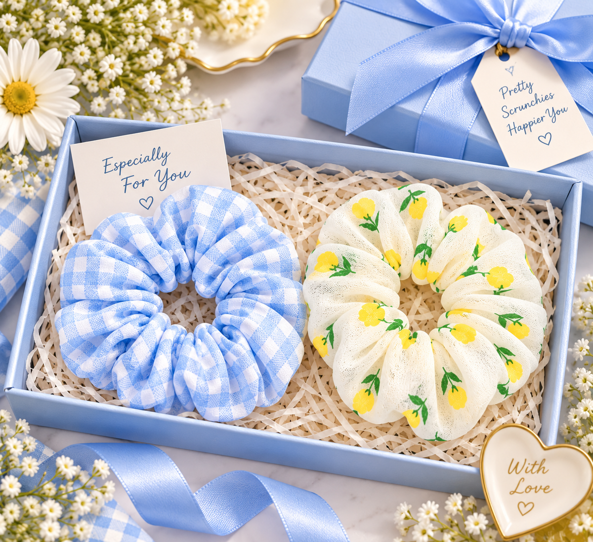 Blue Checkered & Lemon Print Small Scrunchie Set of 2