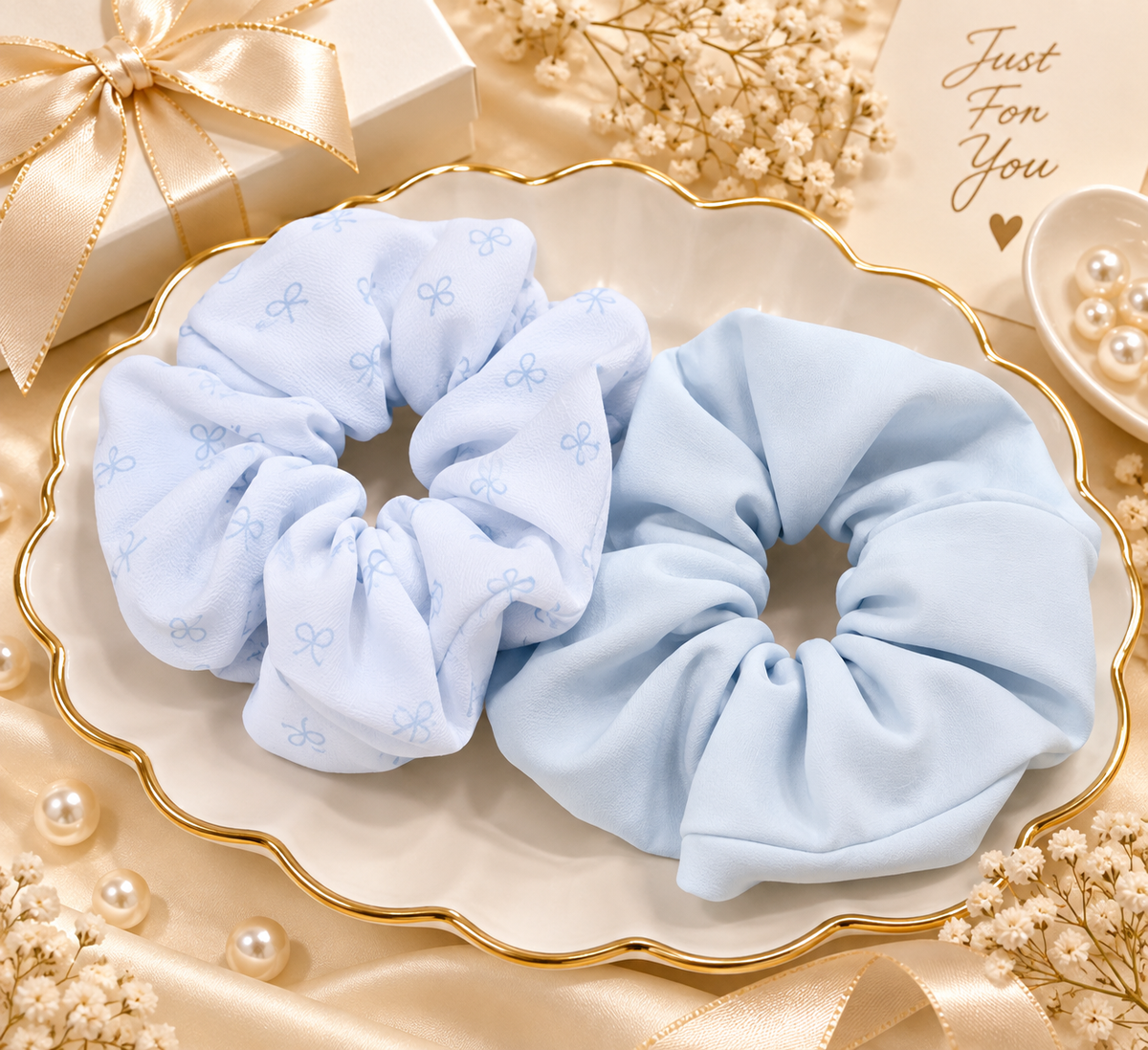 Light Blue Printed & Solid Small Scrunchie Set of 2