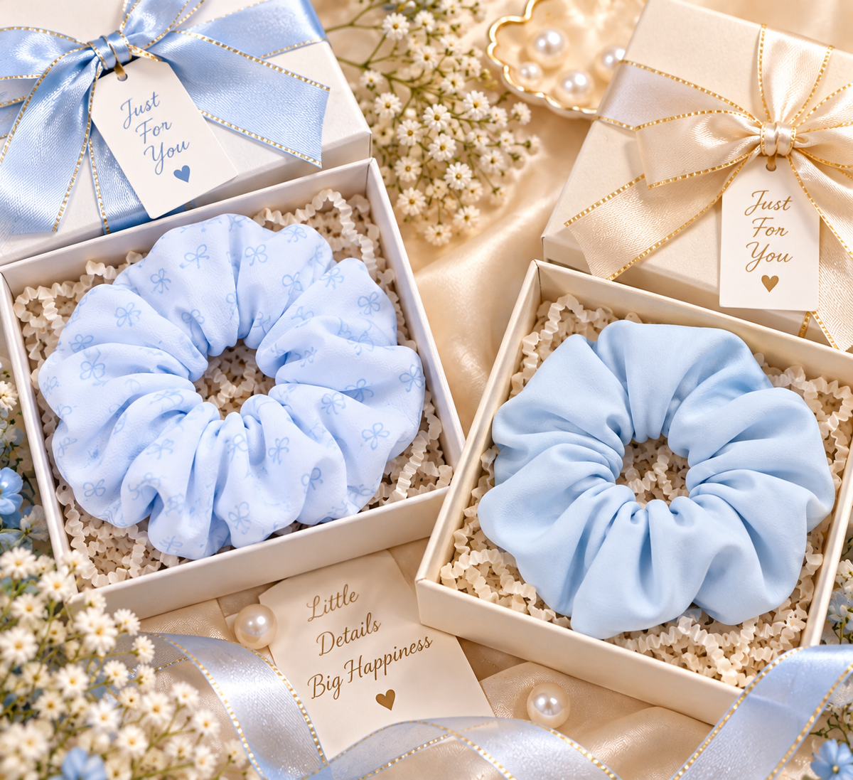 Light Blue Printed & Solid Small Scrunchie Set of 2
